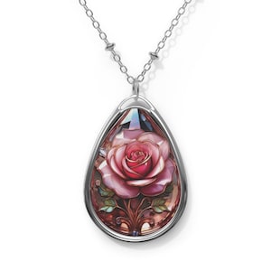Rose Teardrop Necklace - Art Nouveau Rose Pendant, Stained Glass Look Floral Jewelry, Romantic Gift for Her