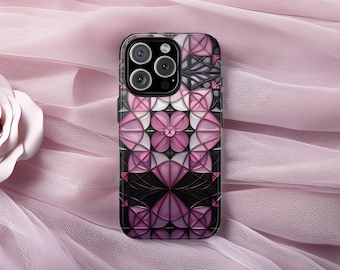 Stained Glass Mosaic Phone Case – Pink & Black Gothic Floral Design