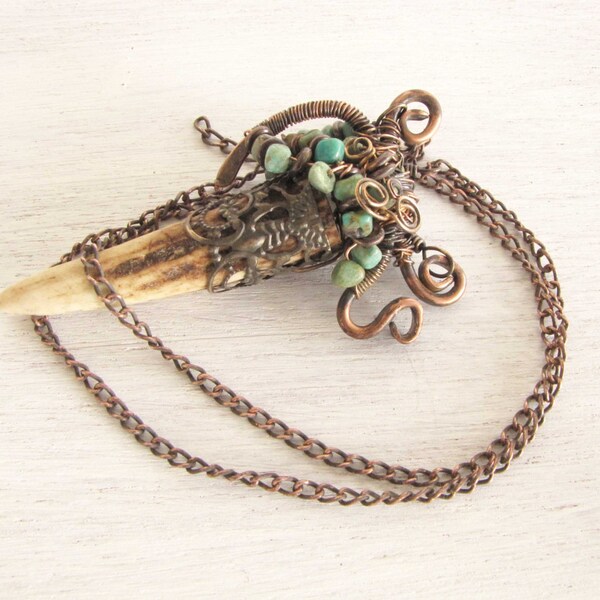 Antler Turquoise Copper Wire Wrapped Handmade Jewelry Deer Antler Jewelry #153