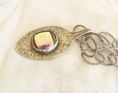 Vintage Spoon Necklace Fused Glass Cabochon Pendant Large Sterling Silver Chain Necklace Handmade Jewelry Gray Pink Black metalwork # 117
