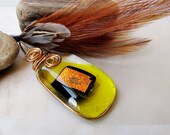 Yellow Fused Glass Pendant Black Copper Dichroic Glass Copper Wire Wrapped Pendant Handmade Jewelry #FG3