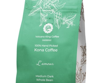 Volcanoking Coffee L'amour Hawaiian whole bean coffee, 100% Kona coffee beans Medium Dark Roast - Gourmet Kona Coffee From Hawaii