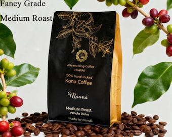 Mauna Hawaiian Kona Coffee Beans, Fancy Grade, Single Origin, 100% Hand Picked, Medium Roast, Whole Bean (7oz)