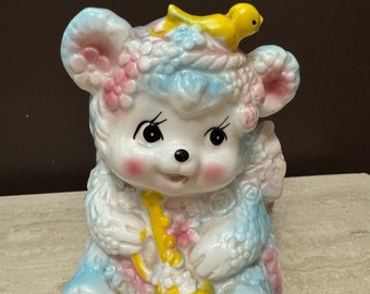Adorable Vintage Inarco Teddy Bear Planter with Trumpet and Bird Hat in Pastel Colors