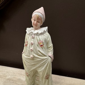 Antique Porcelain Bisque Pierrot Clown Figurine Hand Painted Boy in Heubach Style