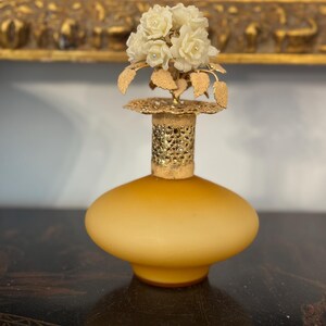 Vintage I W Rice Satin Glass Perfume Bottle: Gold Filigree Floral ...