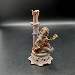 Beautiful Vintage Pink Porcelain Angel/Cherub Birthday Candle Holder or Miniature Bud vase Playing a Banjo Gold Accents Japan