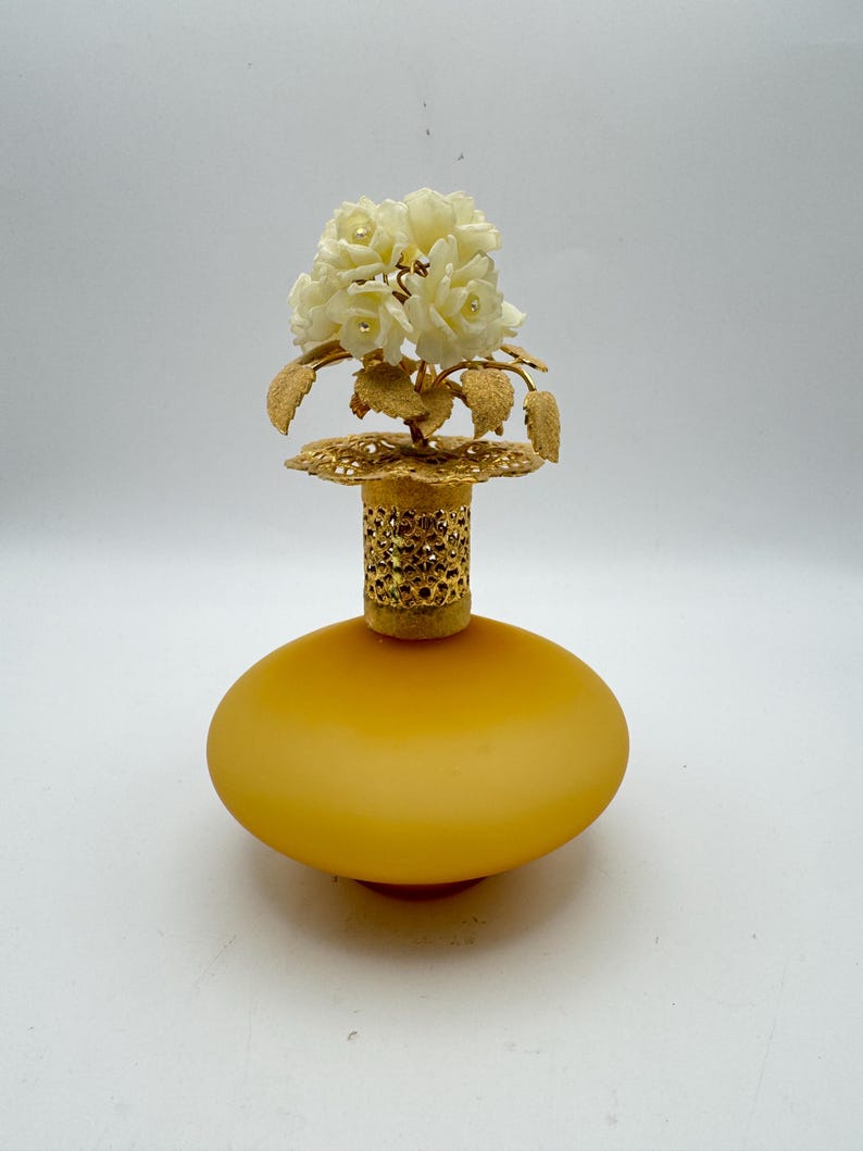 Vintage I W Rice Satin Glass Perfume Bottle: Gold Filigree Floral ...