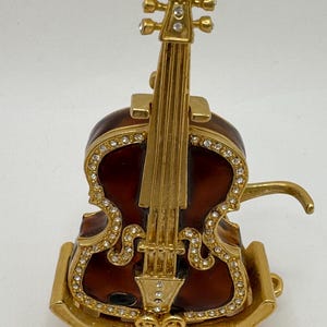 Vintage Enameled Violin Trinket Box: Jeweled Goldtone Stand Collectible Musical Instrument Decor (No Bow)