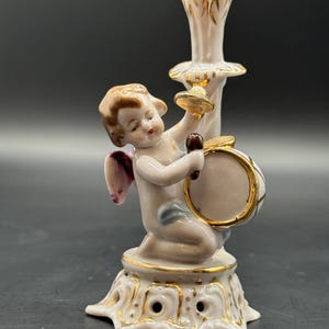 Beautiful Vintage Porcelain Cherub/Angel  Birthday Candle Holder/Miniature Bud Vase Playing the Drum and Cymbols  Gold Accents Japan