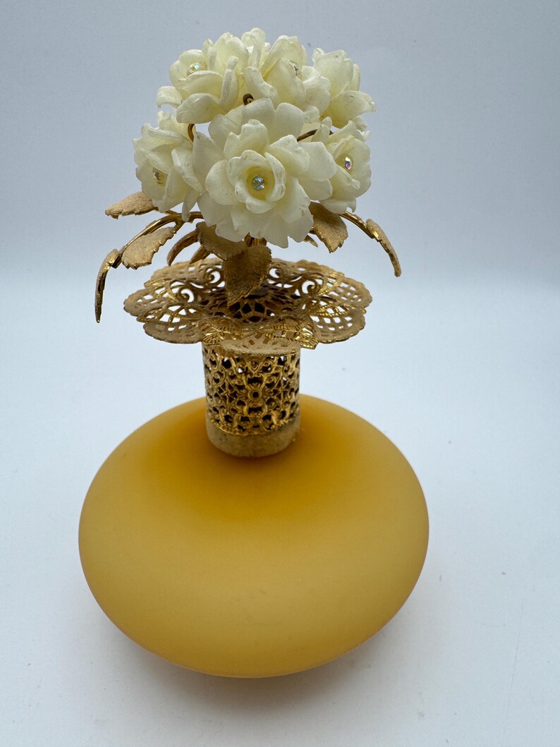 Vintage I W Rice Satin Glass Perfume Bottle: Gold Filigree Floral ...