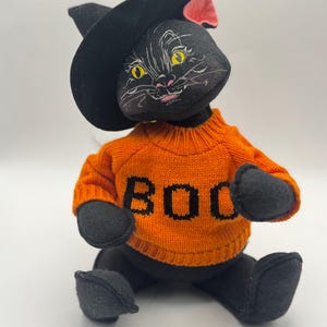 Vintage Annalee 12” Scaredy Cat Witch with Boo Sweater Hand Painted Open Eyes and Open Mouth Made in New Hampshire U.S.A.