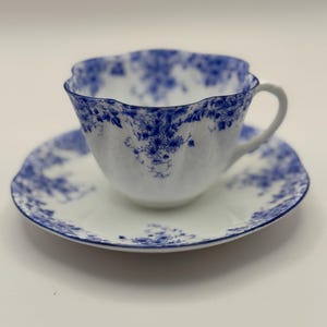 Shelley Dainty Blue Pattern 1950s Scalloped Floral Teacup Set, Vintage England Fine Bone China