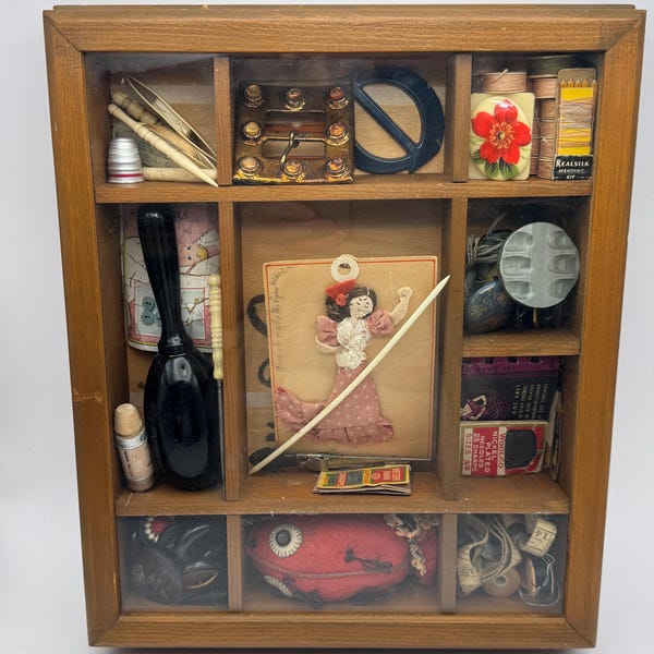 Vintage Oak Shadow Box: Antique Sewing Treasures Display