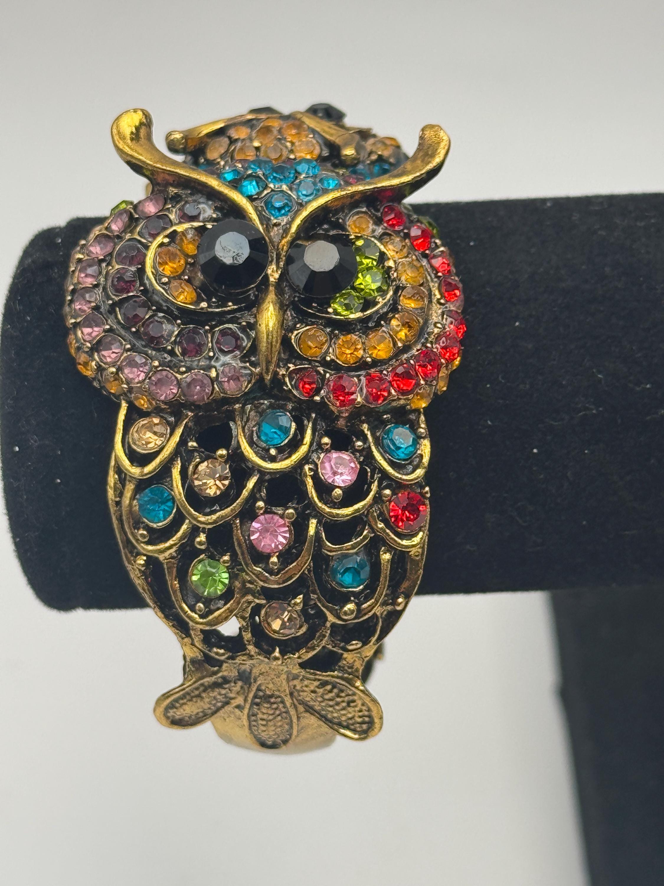Vintage Gold Tone Owl Clamper Cuff Bracelet: Multi-Colored Rhinestone Jewelry