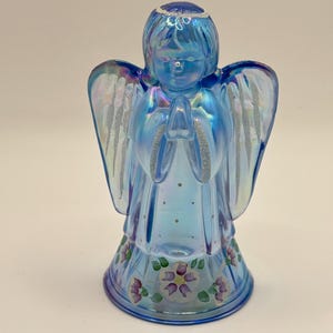 Fenton Celeste Blue Iridescent Carnival Glass Praying Angel with Frit on Halo, Wings and Robe  Hand Painted Artist Signed