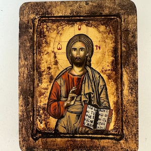 Beautiful Vintage Icon of Jesus Christ with Open Book Gold Painted on Wood
