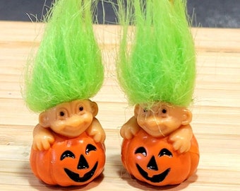 Vintage Green Hair Jack-o-Lantern Halloween Pumpkin Troll Doll Earring Charms  NO HOOKS RUSS