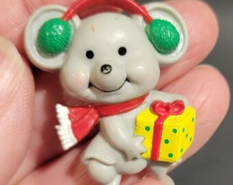 Mouse in Earmuffs with Gift 1980s Holiday Lapel Pinback Russ Berrie & Co., Inc