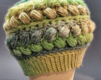 18" SPRING PUFFS Adult Medium Everyday Beanie Textured Hat Green Yellow Soft Crocheted Hat