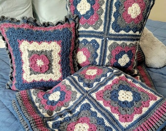 Country Cottage  3-Piece Set- 60"x68" Crochet Bed Throw & 2 Throw Pillows 14/16"