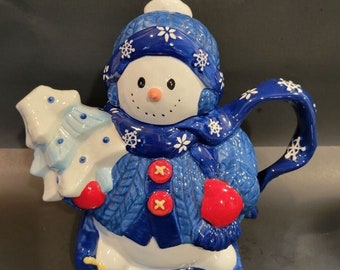 Snowflake Snowman Teapot with Lid Vintage Bico Homespun Holiday Collection 1998