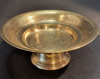 VTG 7" Brass Intricate Floral Hand Etched Pedestal Bowl BOHO India Marked 412 F