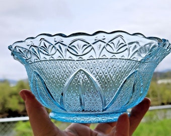 EUC 7.5" Ice Blue Capri Bowl VTG 80s Princess House Pressed Glass Scalloped Edge