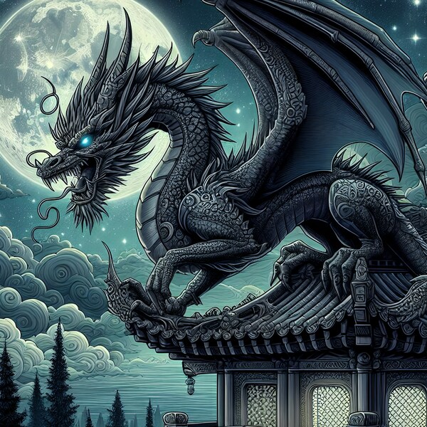 Digital illustration of a fierce dragon perched on a castle turret, guarding a treasure trove - Digital art - High Quality