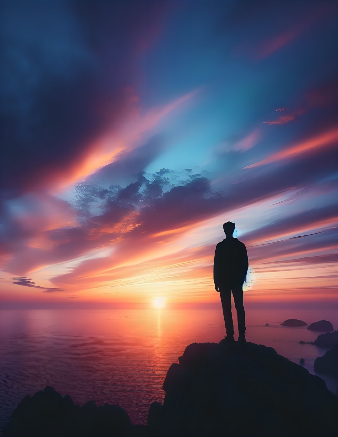 A Serene Silhouette of a Person Standing on a Cliff at Sunset ...
