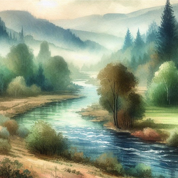 4 serene landscapes in watercolor with an impressionistic style - The scene includes a winding river in the background with earthy tones