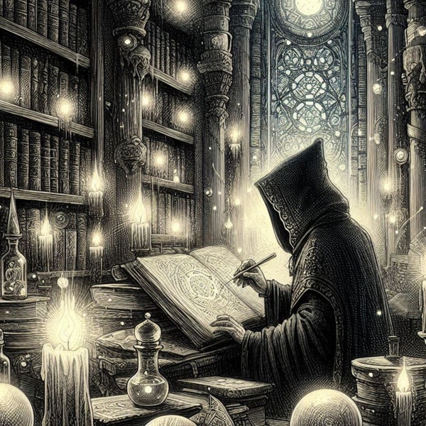 Sketch - A mystical library hidden in a secret underground chamber - Art Styles: Gothic, Dark Fantasy - detailed linework