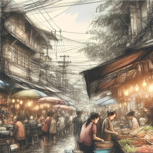 Sketch, An atmospheric sketch of an authentic street market in a bustling Asian city - Urban sketching, Pencil sketch - High Quality