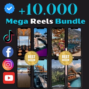 May include: A collection of 10,000 video clips for social media, labeled "Mega Reels Bundle". The clips feature various scenes, including a restaurant, a yacht, a pool, and a mountain view. The image also includes logos for TikTok, Facebook, Instagram, and YouTube.