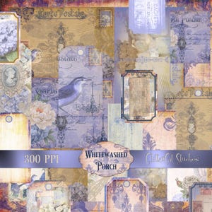Kit diario spazzatura blu, effimero, diario blu e avorio, damasco, carte ATC, fogli di collage, forniture per diario, vintage, scaricabile, trasandato