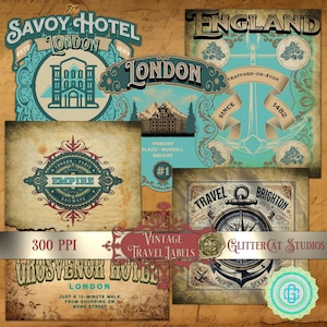 Vintage travel luggage labels, England, travel stickers, souveniers, Victorian travel, junk journal supplies, collage sheets, reproductions