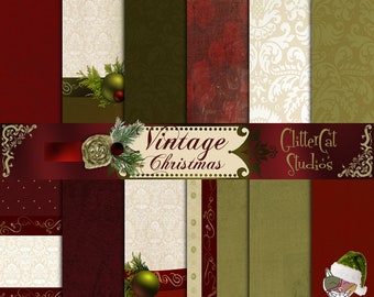 Puede incluir: Un conjunto de 12 papeles digitales con un tema navideño vintage. Los papeles incluyen varios patrones y texturas en tonos rojos, verdes y crema. Los papeles son perfectos para scrapbooking, creación de tarjetas y otros proyectos de manualidades.