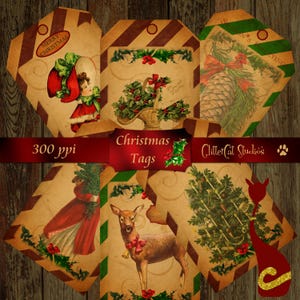 Etichette per Christmas Junk Journal, materiale effimero stampabile, shabby chic, Natale dark, vittoriano, vintage, retrò, rosso, verde, ocra, grafica originale