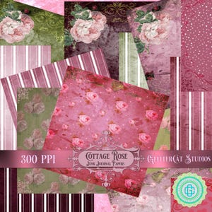Digitale Papierpackung: 21x21,5 cm, rosa, grün, shabby chic, Junk Journal, digital druckbar, romantisch, Hochzeit, Scrapbook, Collage Sheets, Rosen