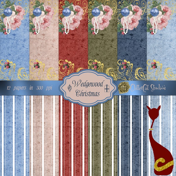 Digital Paper Pack: 8.5" x 11" wedgewood blue, green, red, Shabby Chic Christmas paper, Digital Printable, Romantic, Wedding Scrapbook Paper