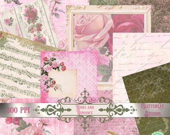 DIGITALES PAPIER: 8 "x 8" rosa, grün, Damast, Collage, Vintage, Distressed, shabby chic, Blumen, Hintergründe