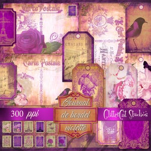 Kit de diario basura imprimible, efímera, diario morado, damasco, tarjetas ATC, hojas de collage, suministros para diario, vintage, descargable, shabby