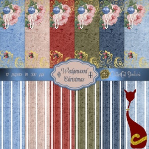 Confezione di carta digitale: 12" x 12" wedgewood blu, verde, rosso, carta natalizia Shabby Chic, stampabile digitale, romantica, carta per album di nozze