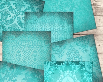Digital paper pack: 8&quot; x 8&quot; aqua printable junk journal papers, damask, collage sheets, journal supplies, vintage, shabby chic