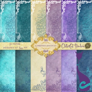 Paons de Noël 8,5 x 11 po. Papier de scrapbooking de Noël, papier numérique, romantique, paons, shabby chic, imprimable, couleurs non traditionnelles