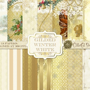 Vergoldetes Winterweiß 12 x 12 digitale Papiere, original Designs, Urlaub, Urlaub, Junk Journal Weihnachtspapiere, Gold, Weiß, Elfenbein
