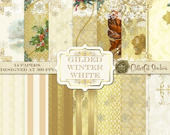 Gilded Winter White 12 x 12 digital scrapbook papers original designs holiday letter, junk journal Christmas papers, gold, white, ivory