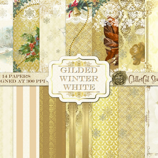 Gilded Winter White 12 x 12 digital scrapbook papers original designs holiday letter, junk journal Christmas papers, gold, white, ivory