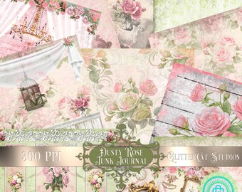 Könnte beinhalten: Eine Collage von Papieren im Vintage-Stil mit dem Thema Dusty Rose. Die Papiere zeigen florale Muster, Rosen und dekorative Elemente. Der Text "Dusty Rose Junk Journal" ist sichtbar, zusammen mit anderen Designelementen.