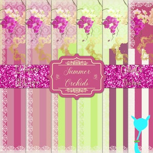 Digital Paper Pack: Summer Orchids 8-1/2&quot; x 11&quot; orchid lime-green gold shabby chic wedding, digital printable, floral, scrapbook papers